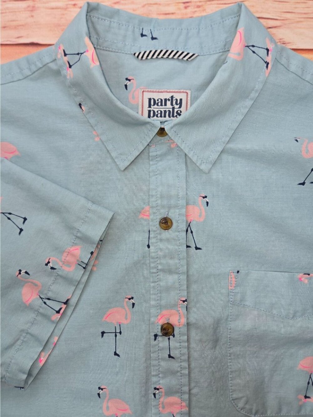 Party Pants Blue Flamingo Print Short Sleeve Shirt Medium